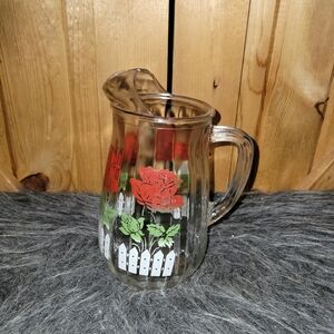 Floral Glass Pitcher Roses And Picket Fence Vintage